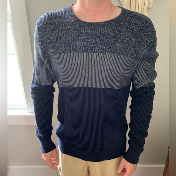 Men’s medium size sweater blue color with white stripe design. - Picture 1 of 2